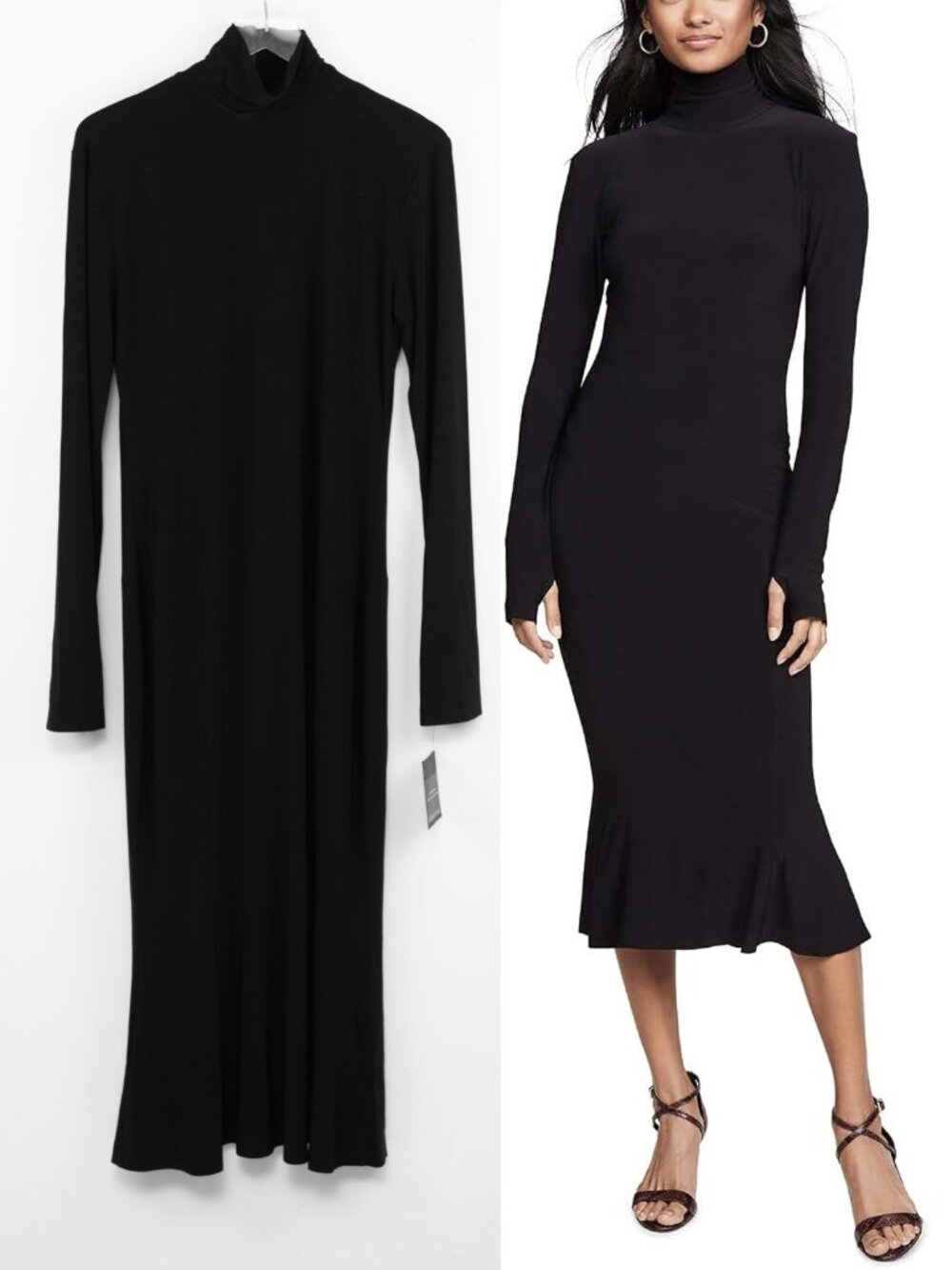 Norma Kamali Dress Long Sleeve Tutleneck Fishtail Midcalf Black Size Large New